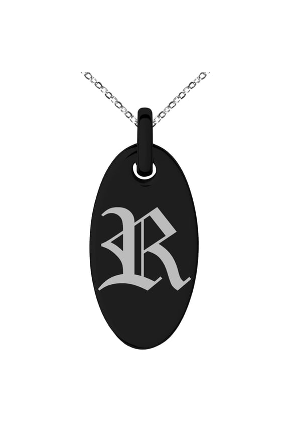 Stainless Steel Letter R Initial Old English Monogram Engraved Small Oval Charm Pendant Necklace