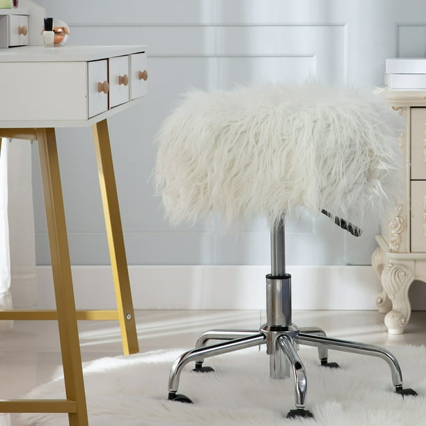 Modern Faux Fur Vanity Stool, Stylish Fluffy Upholstered Padded