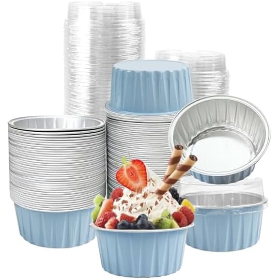 100Pcs Aluminum Cups with Lids,5oz Disposable Ramekin Baking Cups Muffin Liners Mini Pie Pans Foil Cupcake Containers for Christmas Party Wedding Party,Sky Blue