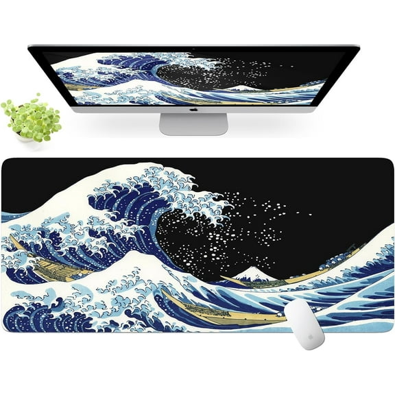 Felt Desk Mat, Japanese Sea Wave Large Mouse Pad, No Bad Smell Felt Mouse Pad with Stitched Edges, 3mm Thick 35.4x15.7 inch Felt Desk Pad Mat, Black Mouse Pad for Gaming Work, Blue