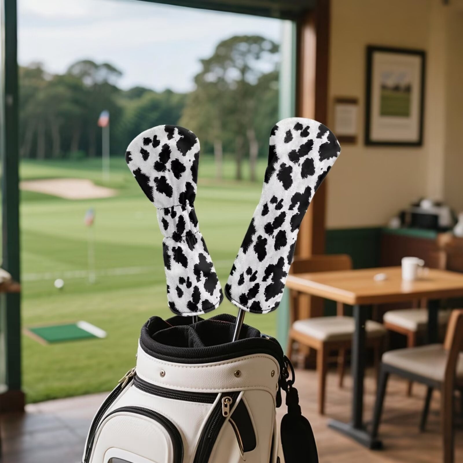 Uorisanigo 3pcs Golf Club Head Covers Headcovers Set Fits Driver Fairway Wood Hybrid Headcover, Durable and Stain Resistant, Essential Golf Accessories(Black and White Cow Print)