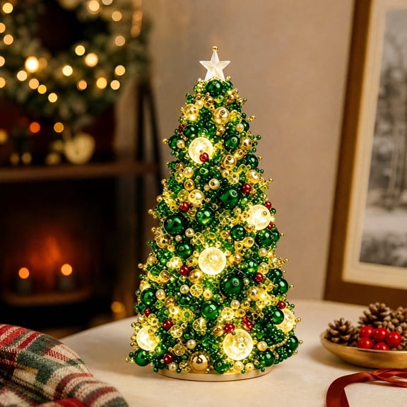 SHENGXINY Beaded Christmas Tree Kit Light Up Tabletop Tree with Green Gold Ornament Handmade Bead Art Desktop Holiday Decor