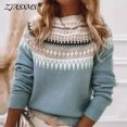 thumbnail image 2 of Suéter de mujer con estampado geométrico retro étnico y patchwork, jersey de otoño con cuello redondo y canalé, jersey de manga larga para invierno, 2 of 5