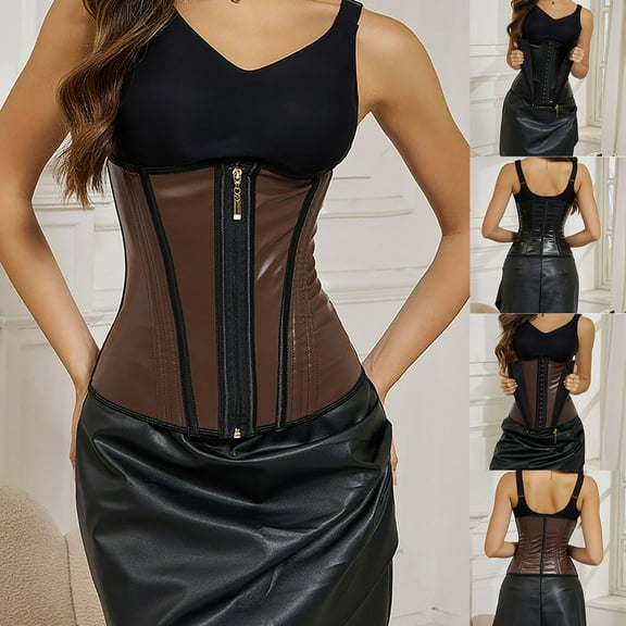 Feancey Waist Trainer Corset for Women Faux Leather Shapewear High Stretchy Tummy Control Bustier Tops Zip Front Trendy Body Shaper Black M