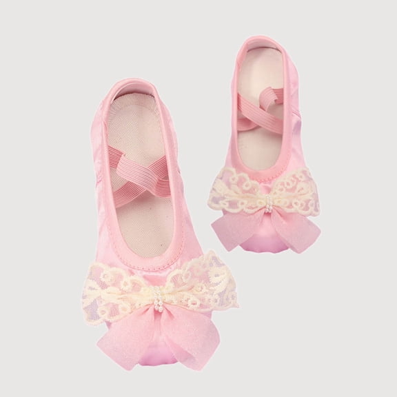 Gyujnb Girls Lace Bow Satin Ballet Shoes Soft Sole Dance Footwear,Elastic Strap Closed Toe Performance Shoes (Girls),10-11 Years