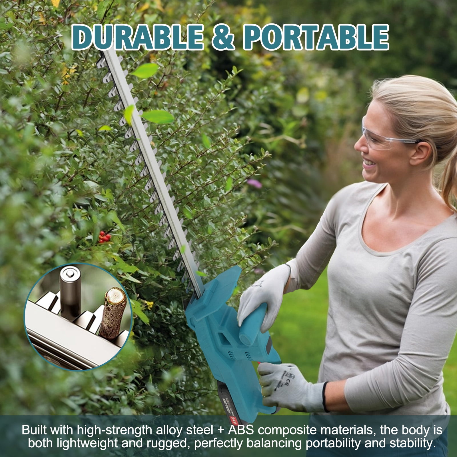 24V Lightweight Cordless Hedge Trimmer, 20 Inch Dual-Action Carbon Steel Blade Electric Hedge Trimmer with Ergonomic Comfort Grip