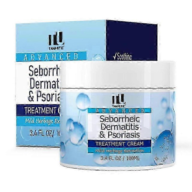 seborrheic dermatitis cream, anti fungal shampoo, scalp treatment for psoriasis, folliculitis, dry scalp, anti-itch, sooth_c* Front-facing white and light-blue 100 ml treatment cream jar with matching box, label reads 'Seborrheic Dermatitis & Psoriasis' and 'Treatment Cream', water-droplet graphics and silver screw-top lid on white background; suitable for targeting itchy, flaky scalps and dandruff and often used as a compact spot-treatment for travel.