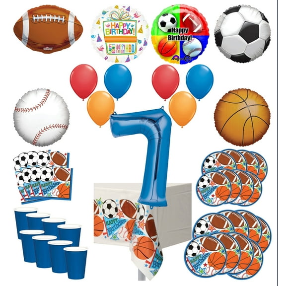 Mayflower Products Sports Theme 7th Birthday Party Supplies 8 Guest Entertainment kit and Balloon Bouquet Decorations - Blue Number 7