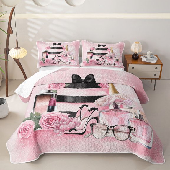 Erosebridal Girls Fashion Twin Quilt Set, Lipsticks Perfume Highheels Print Twin Coverlet Set, 2-Piece 1 Quilt and 1 Pillowcase