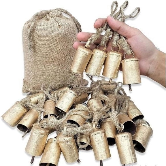 Maritime Treasures 50 PCS Handmade Vintage Rustic Lucky Tin Cylinder Shaped Cow Bells Festive Décor Bells With Jute Rope