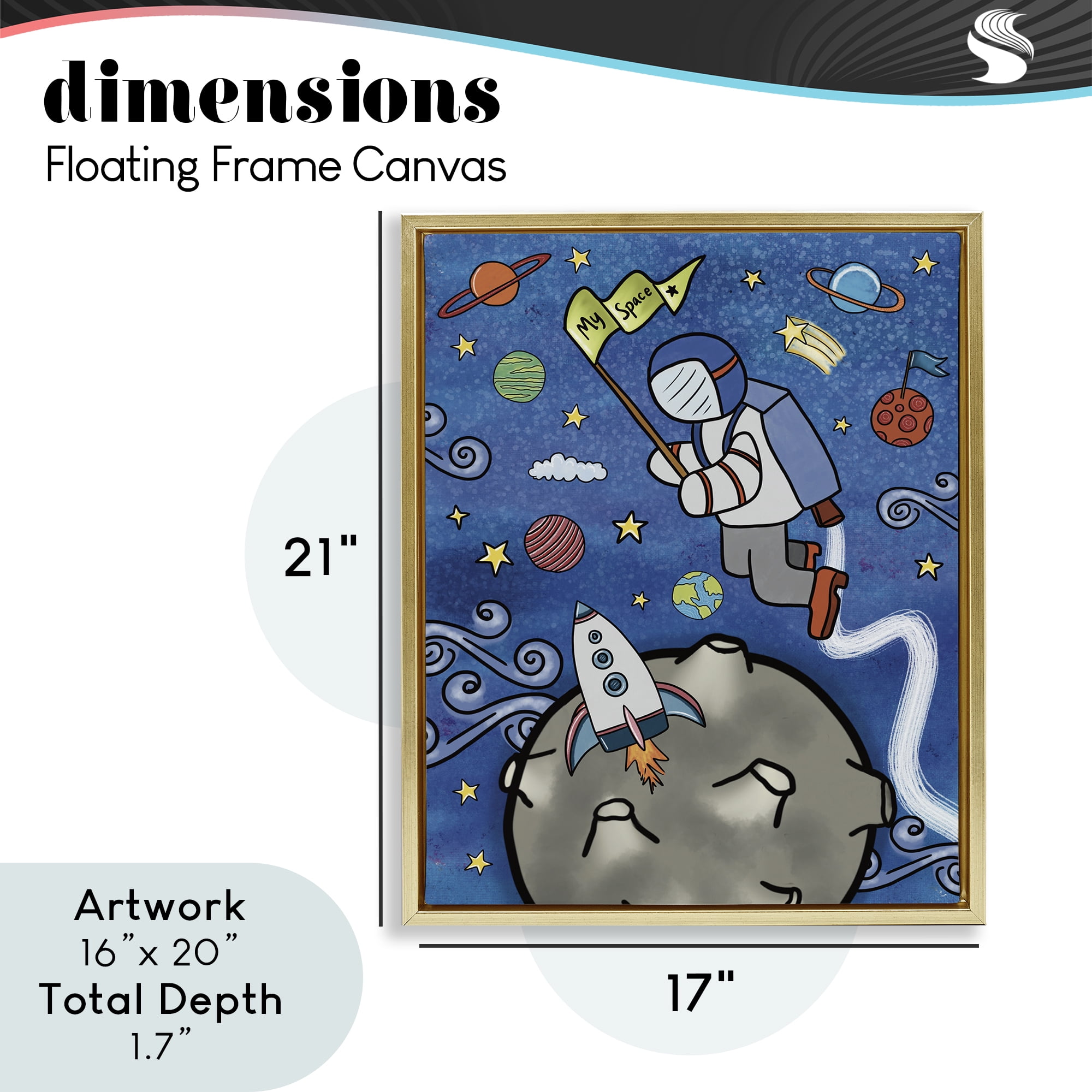 Astronaut Space Adventure Gold Framed Floater Canvas Wall Art, design by Jennifer Stith