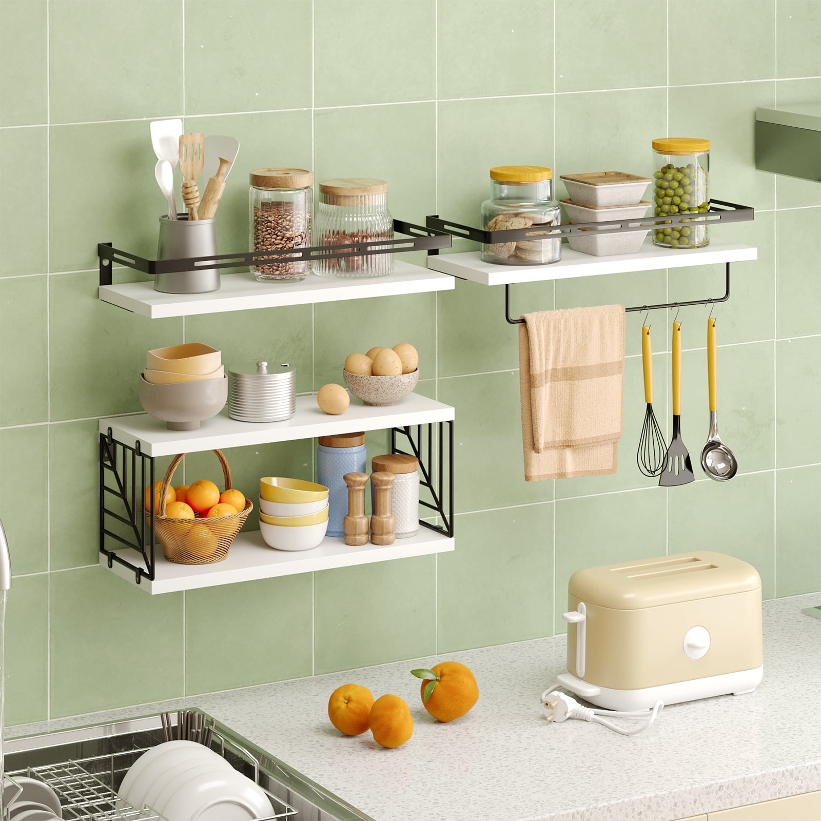 Fairy 4pcs Bathroom Floating Shelves Over Toilet, Wall Shelves with Towel Bar for Bathroom, Living Room (White)