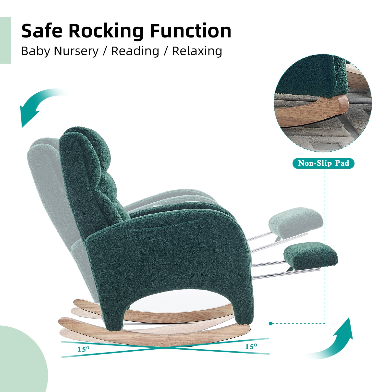 ALAKFORM Rocking Chair Nursery with Foot Rest,Upholstered Teddy Glider Rocker with Wood Legs, Nursing Rocking Chair for Living Room/Nursery,Green