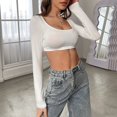 thumbnail image 6 of WCJM Casual Long Sleeve Crop Top for Women Square Neck Ribbed Knit Slim Fitted Basic Shirt Women's Long Sleeve T-Shirt, 6 of 8
