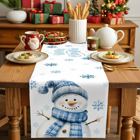 Merry Christmas Snowman Blue Snowflakes Table Runner 13x90in Non-Slip Cotton Linen Table Runners, Winter Snow Seamless Dresser Scarves TableRunner for Dinner Kitchen Dining Wedding Party