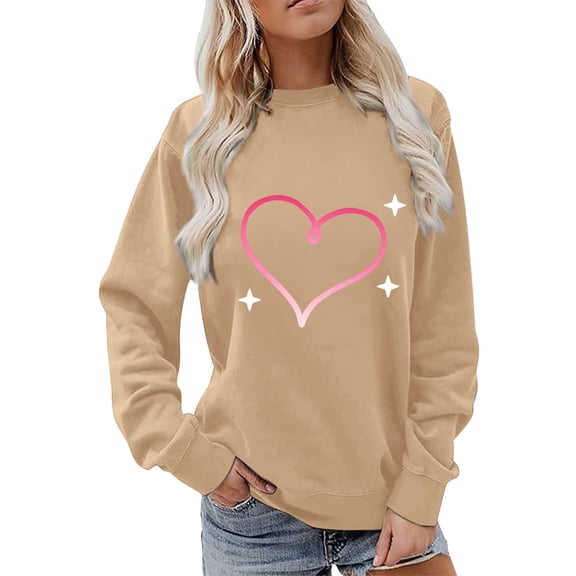 WTXUE Valentine Day Sweatshirt Love Heart Printed Sweatshirts Graphic Sweatshirt Trendy Comfortable Sweatshirts Fall Sweatshirt Soft Sweatshirts Basic Sweatshirts Beige L