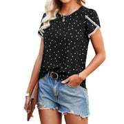 Cogild Womens Petal Sleeve Summer Tops Polka Dots Print Blouses Lace Sleeve Crew Neck T Shirts