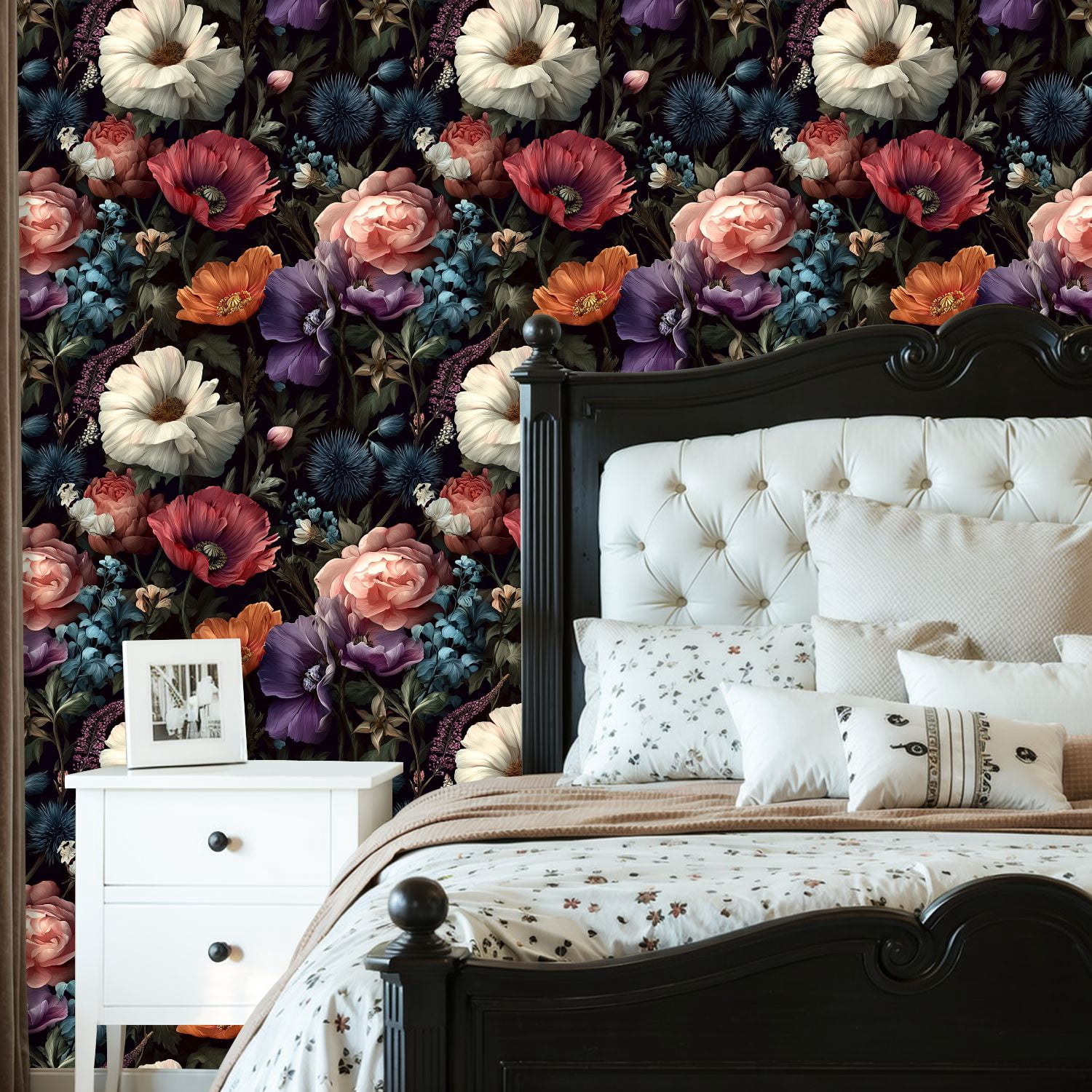 Peel and Stick Wallpaper Floral Botanical Colorful Roses Dark Wall Mural 23.6in x 9.8ft Self Adhesive Removable Wall Paper Renter Friendly Wallpaper for Bedroom