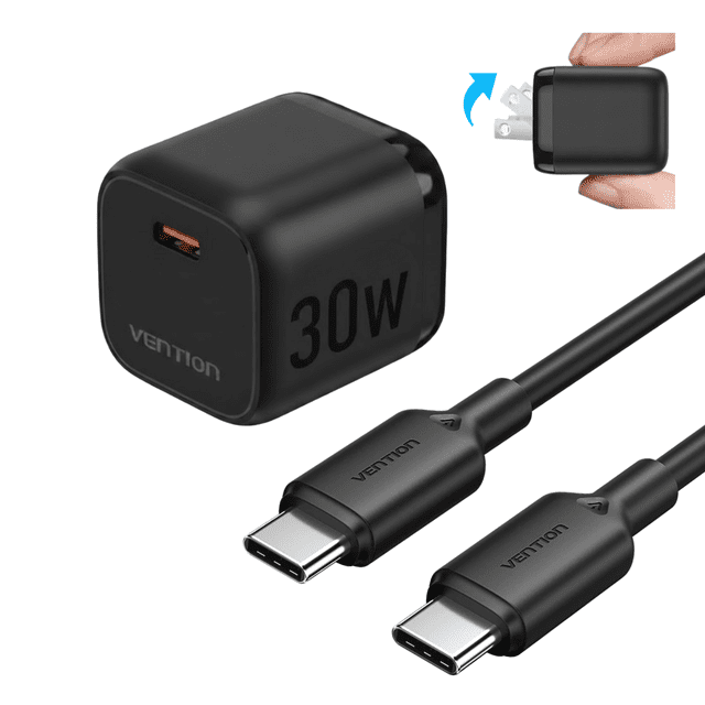 Cargador Rápido VENTION 30W GaN Compacto + Cable USB-C a USB-C 1 Metro 60W