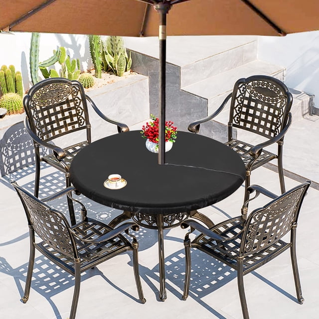 HAHDAXIA Nappe Ronde Extérieure avec Trou pour Parasol - Couverture de Table Ajustée en Vinyle avec Dos en Flanelle Imperméable et Résistant aux Taches, Bord Élastique, Convient aux Tables jusqu'à 45 Pouces-56 Pouces de Diamètre