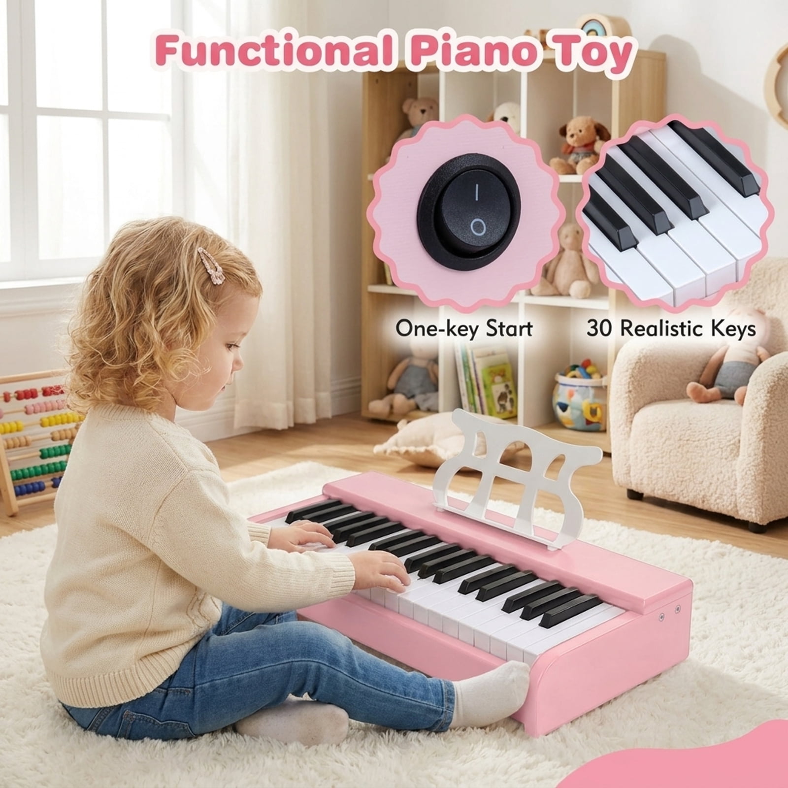 Redsmile 30-Key Kids Piano Keyboard with Music Stand and ASTM-Certified Design for Toddlers and Beginners, Pink