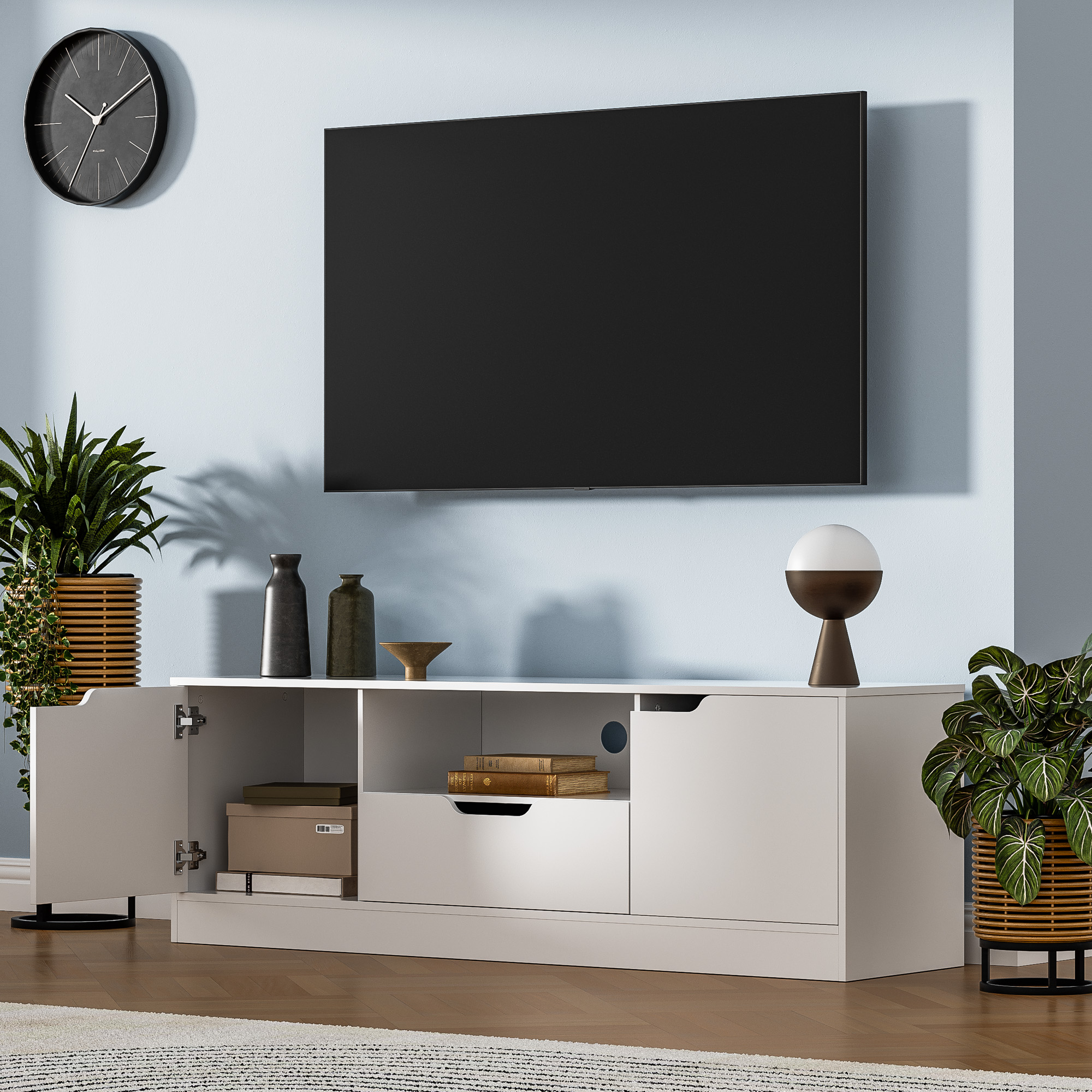 Modern TV Stand for 55/60/65 Inch TV, Media TV Console Table with 2 Doors & Drawer, Entertainment Center with Storage Cabinet for Living Room, Bedroom, White