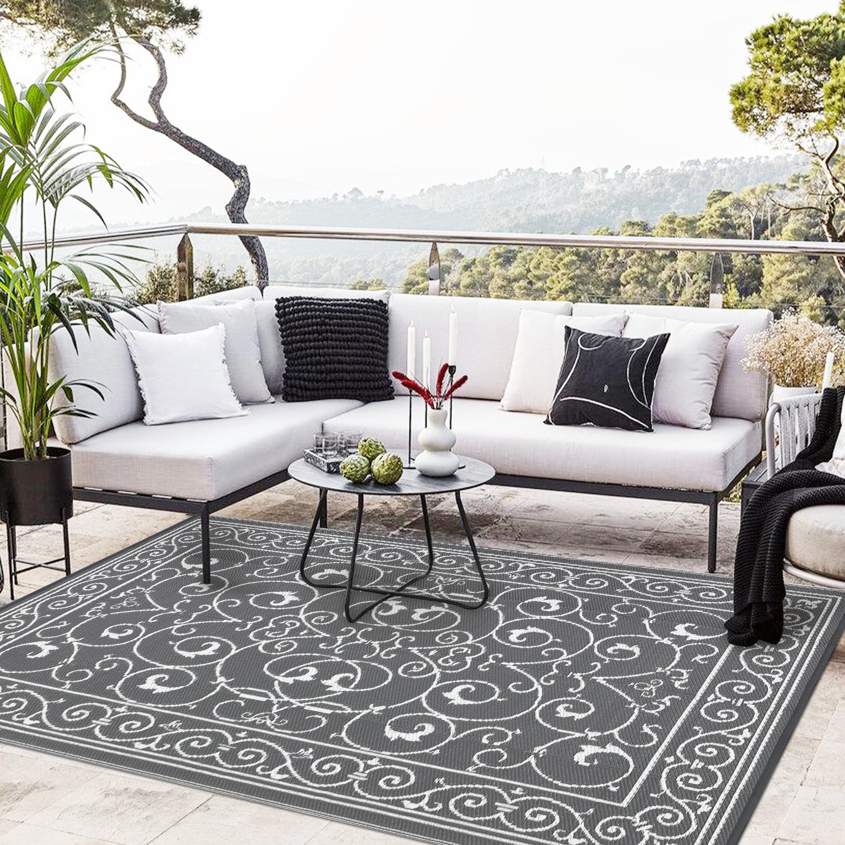 Hasoo 9' x 18' Gray/White Outdoor Rug for Patio Decor Waterproof Plastic Straw Modern Geometric Floral Carpet PP Tube Woven Portable Camping Mat for Picnic Balcony