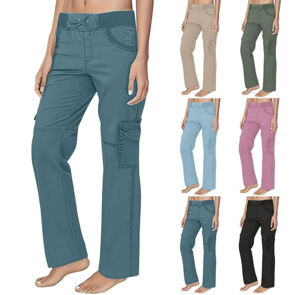 FRSASU Women solid color straight-leg Pants with Pockets Stretch Casual workwear elastic waistband sports pants Khaki