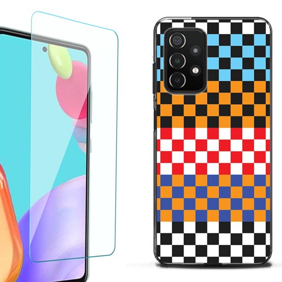Slim-Fit Flexible TPU Gel Phone Case (black) for Samsung Galaxy A52 5G, with Tempered Glass Screen Protector, by OneToughShield ® - Colorful Checker