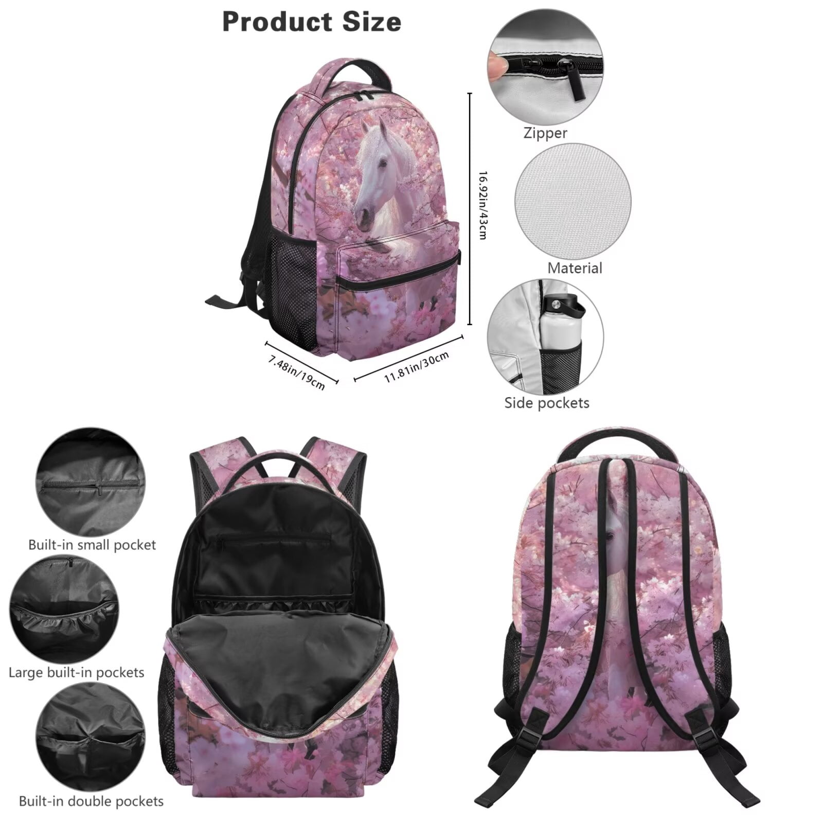 Pzuqiu Cherry Blossom Horse Backpack for Girls 8-10 Kids School Bag with Lunch Box Lightweight School Bookbag for Elementary School 5pcs Kids Backpack Travel Bag