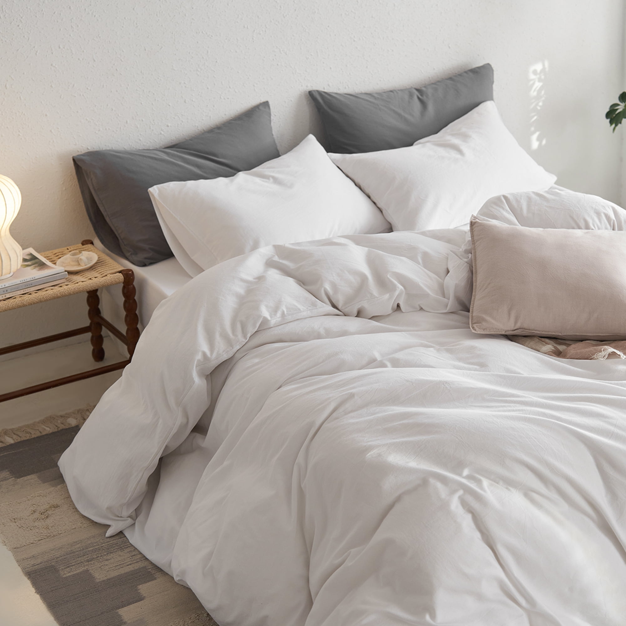 MooMee Duvet Cover Set Queen 100% Washed Cotton Twill Ultra-Soft Breathable Linen Like 3-Piece (Bright White, 90"x90")