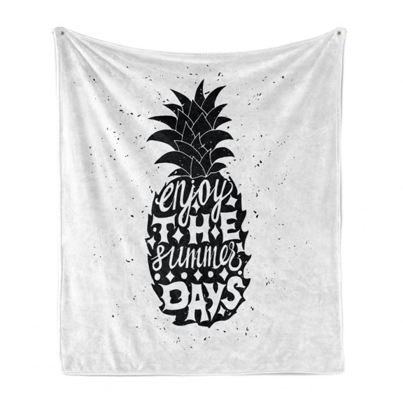 Tropical Soft Flannel Fleece Throw Blanket, Slogan on a Exotic Pineapple Indigenous Hawaiian Fruit Pattern, Cozy Plush for Indoor and Outdoor Use, 60" x 80", Black and White, by Ambesonne