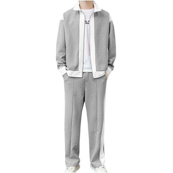 Wavsuf 2pcs Jogger Set Men Long Sweatsuits Sets for Mens Pocket Zipper Drawstring Shirt Jacket and Sweatpants Gray Size 4XL