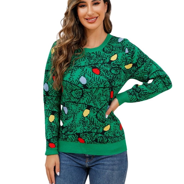 Suéter de Punto Gibobby Navidad informal con de nieve para mujer cuello redondo holgado invierno Verde XL