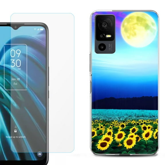 OneToughShield ® for TCL 40 XE 5G Shockproof Fashion Phone Case, with Tempered Glass Screen Protector - Sunflower Moon