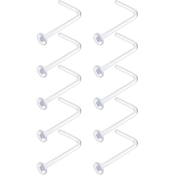 PinesC 20g Clear Nose Ring Retainer Bioflex L Shape Nose Rings Studs - Plastic Retainers Flat Top Clear Nose Studs 20 Gauge (0.8mm) 10pcs