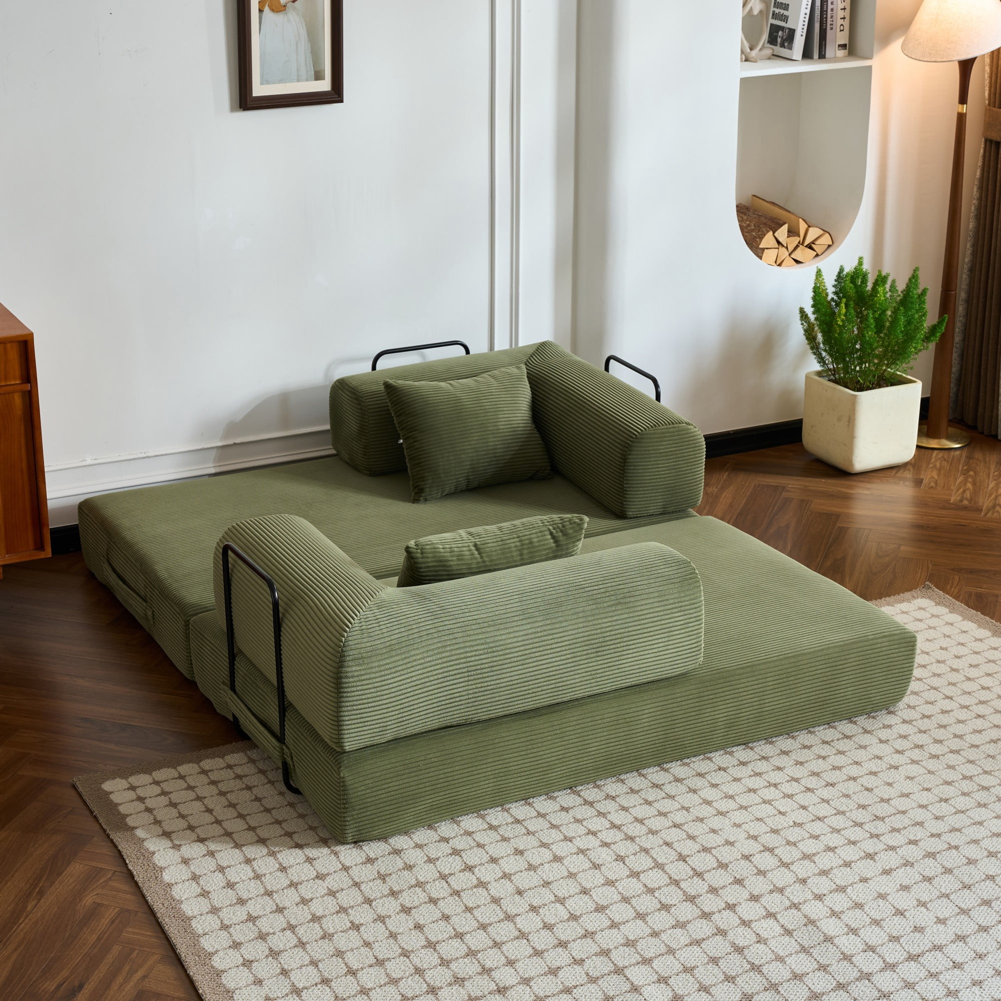 BSHTI 59" Corduroy Convertible Sleeper Sofa Bed with Cylindrical Pillow, No Assembly, Small Space for Living Room（Green）