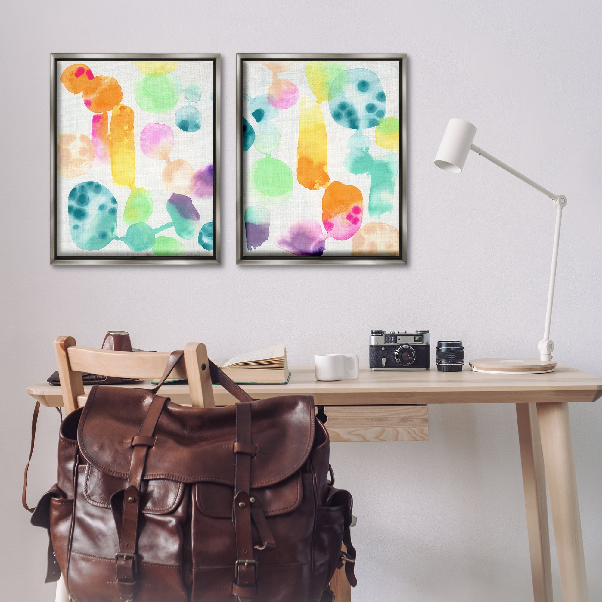 Stupell Industries Neon Colorful Abstract Shapes Abstract Painting Gray Floater Framed Canvas Art Print Wall Art, 31 x 25, Set of 2
