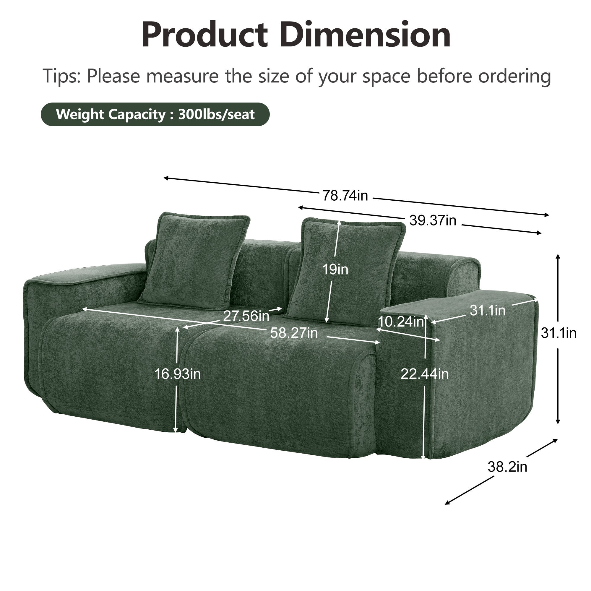 DEALTOPS 79" Modern Velvet Cloud Couch, 2-Seater Modular Loveseat with 2 Pillows, Green