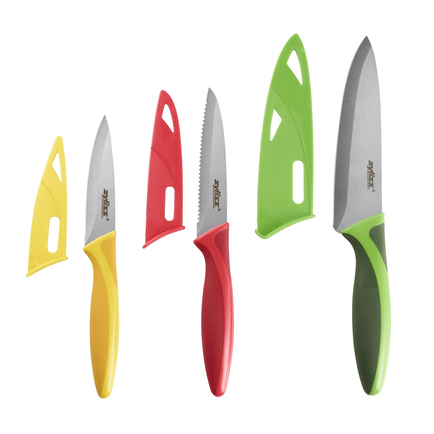 Zyliss 3 Piece Value Chef Knife Set with Sheath Covers, Stainless Steel Red Green and Yellow
