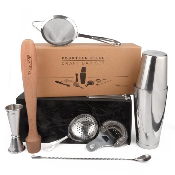 A Bar Above 14-Piece Stainless Steel Bartender Kit, Premium Professional Barware Set for Home Bars and Mixologists, Includes Cocktail Shaker, Jigger,