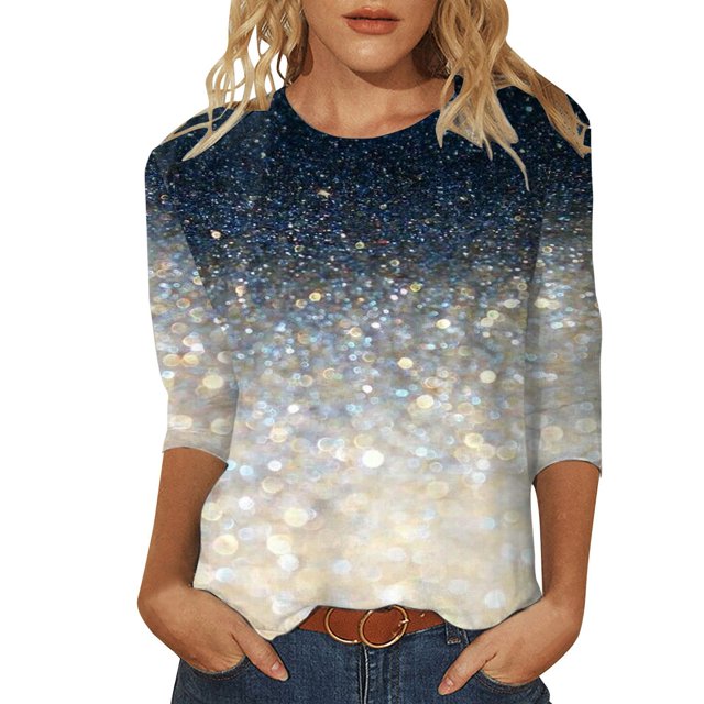 YDLCAFD T-Shirt Femme Manches 3/4 Imprimé Paillettes Col Rond T-Shirt