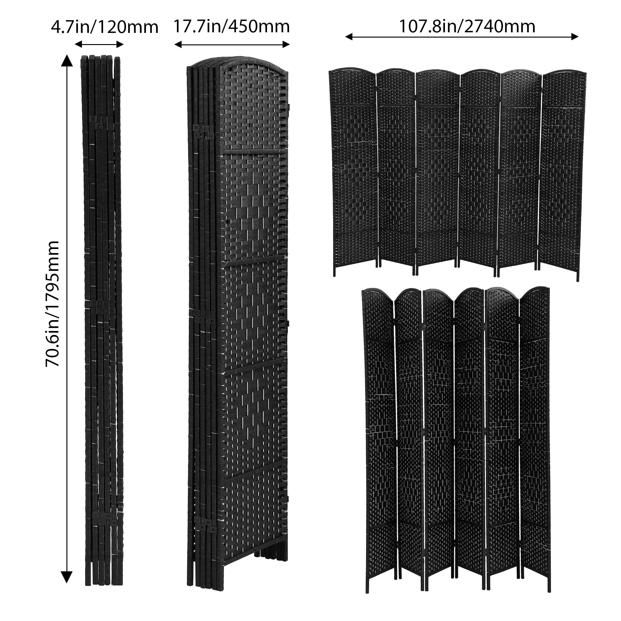 CL.HPAHKL 6 Panel Room Divider, Partition Wall Divider with Double Hinged Panels 6 ft Tall Folding Privacy Screen Indoor Partitions and Dividers Freestanding for Living Room Bedroom Study, Black
