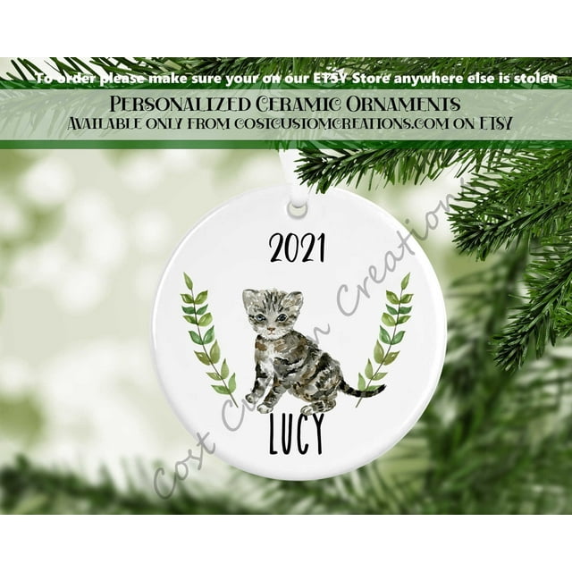 Personalized Grey Black Stripped Kitten Cat Ceramic Ornament, Cat Lover Gift, Cats First C - As Picture - 3-Pack