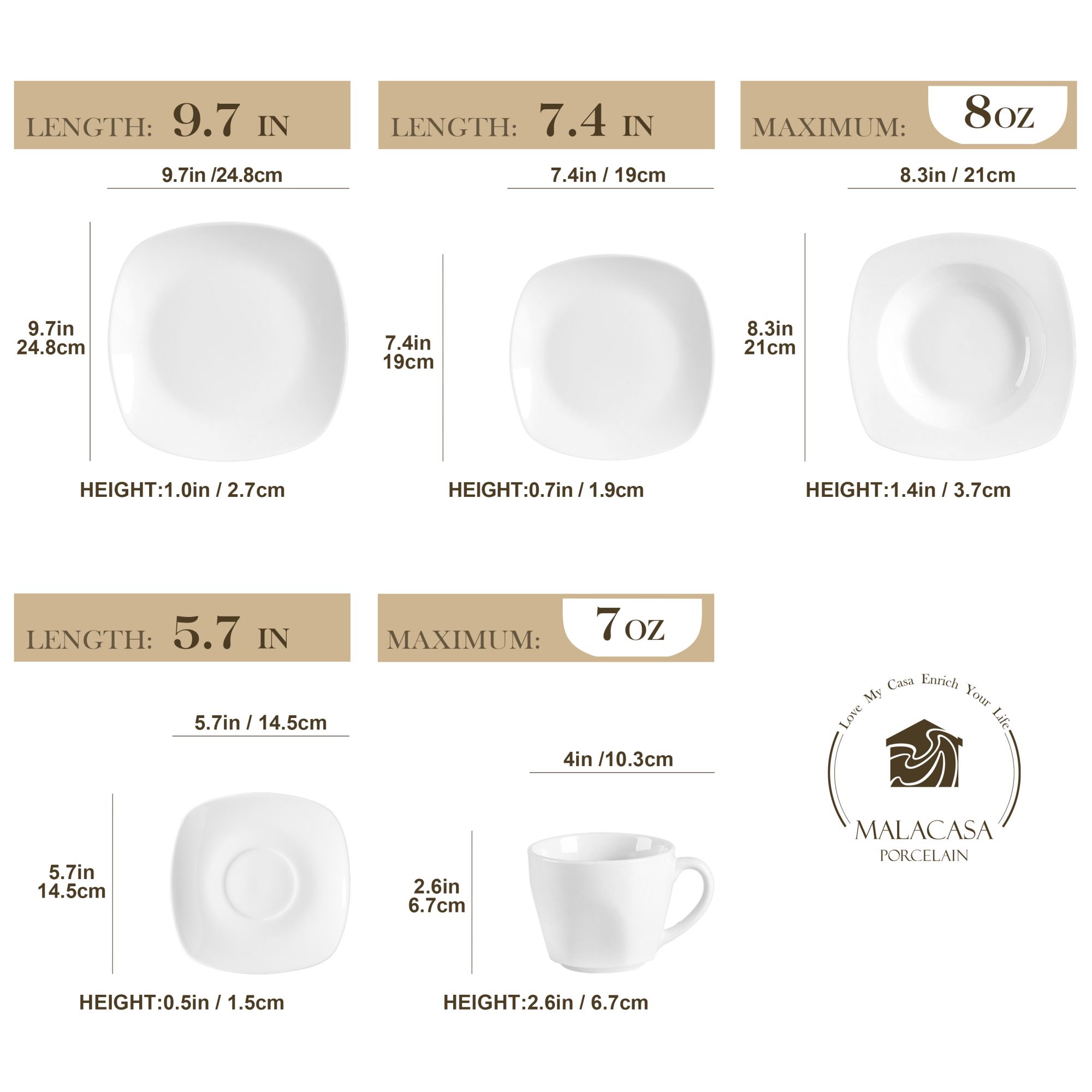 Malacasa, Series Elisa, 60-piece Porcelain Dinnerware Set, Ivory White 