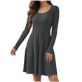 thumbnail image 2 of Vibrex A-line Ribbed Knit Dress Spring Solid Color Crew Neck Long Sleeve Flare Dress Casual Swing Fold Dress Solid Midi Dress Dark Gray_2XL, 2 of 7
