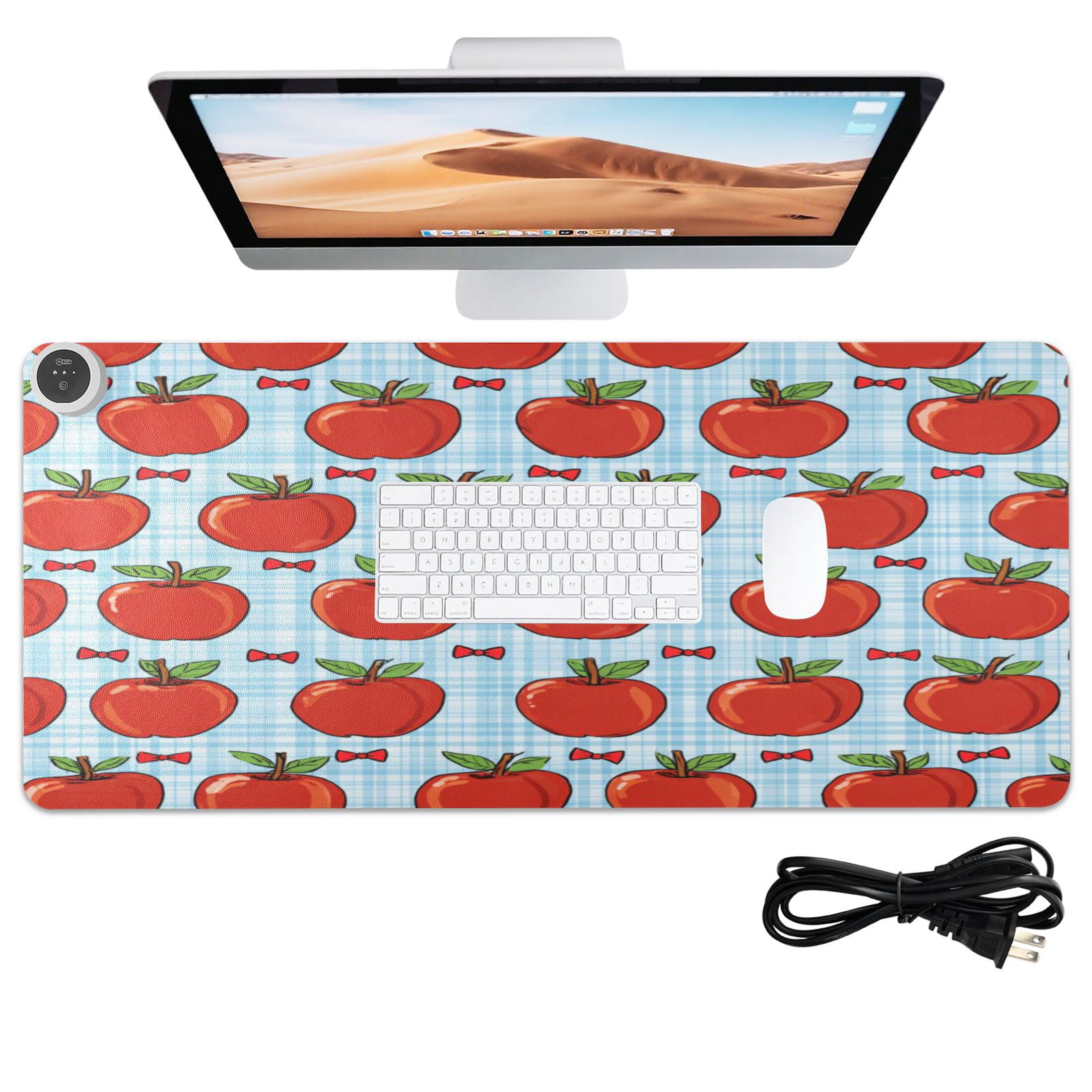 Large Heated Desk Mat Mouse Pad 31.5"x13"PU Leather Graphene Heating Desk Warmer with 3 Temperature Settings 110V US Plug Non-Slip Warm Pad for Home, Office, and Gaming Red Apple Gingham Print
