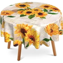 Yellow Sunflowers 60 Inch Round Tablecloth,Old Letter Postcard Table Cloth Waterproof Stain and Wrinkle Resistant Circle Table Cover for Kitchen Dining Picnic Camping Indoor Outdoor Decor