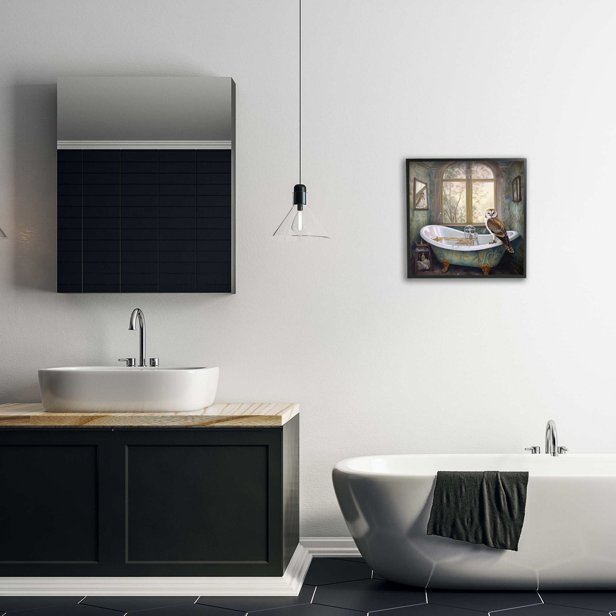 Paisley Patterned Owl Bathtime Black Framed Giclee Art, design by Sasha