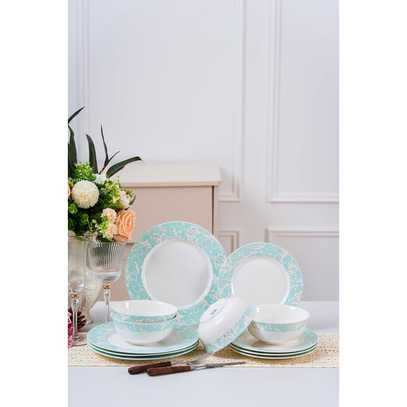 12-Piece Porcelain Dinnerware Set in Light Green Microwave and Dishwasher Safe